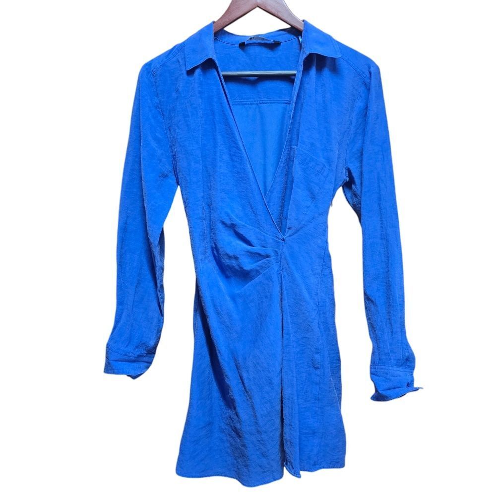 Zara -785‎ Faux Wrap Faded Blue Long Sleeve Shirt Dress XS